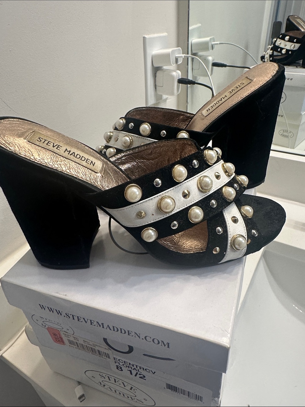 Steve Madden Black and White Pearl-Stud Block Heel Mules